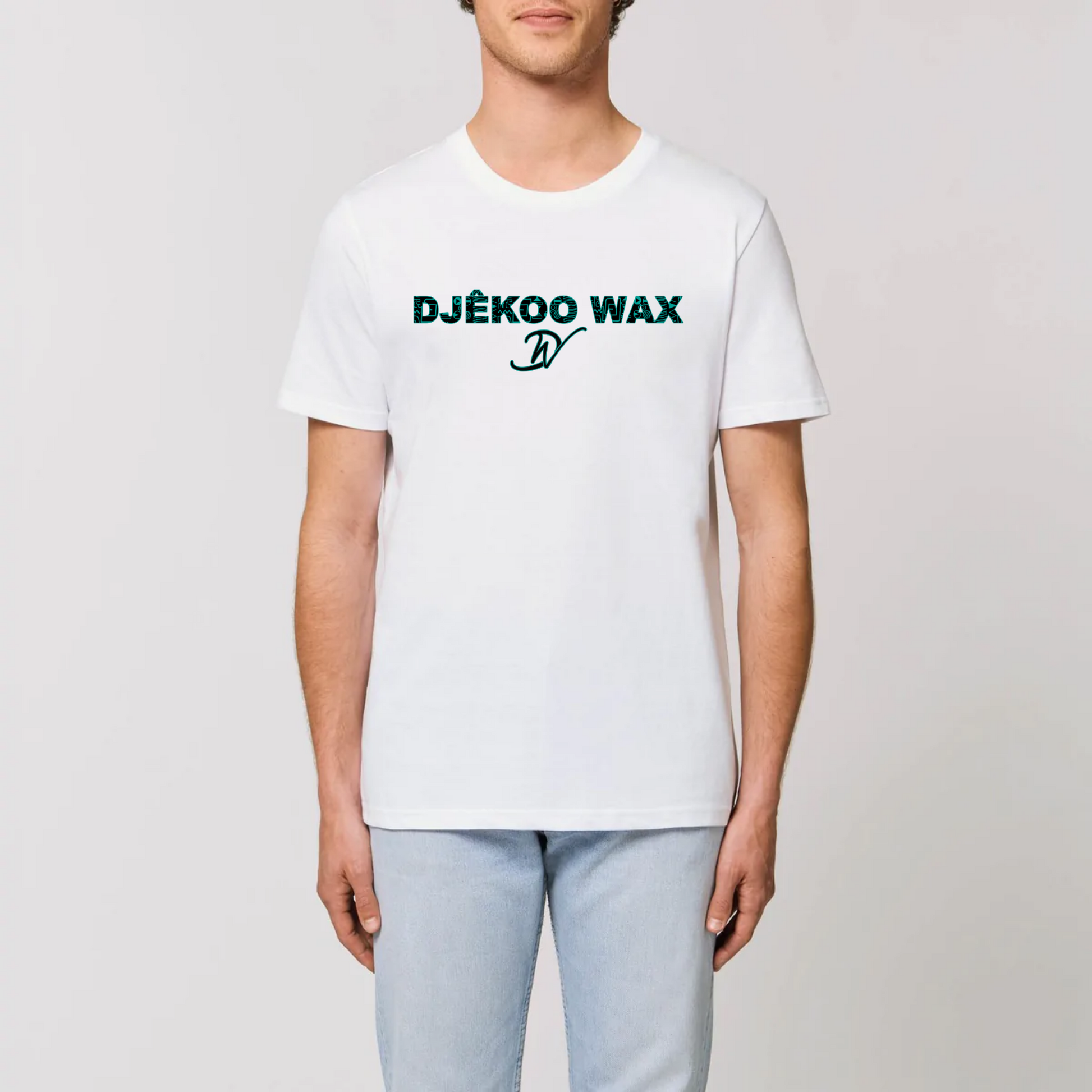 T-Shirt Blanc 100% Coton Bio - coupe unisexe - Imprimé Djêkoo Wax noir et vert opale - motif wax Bogolan