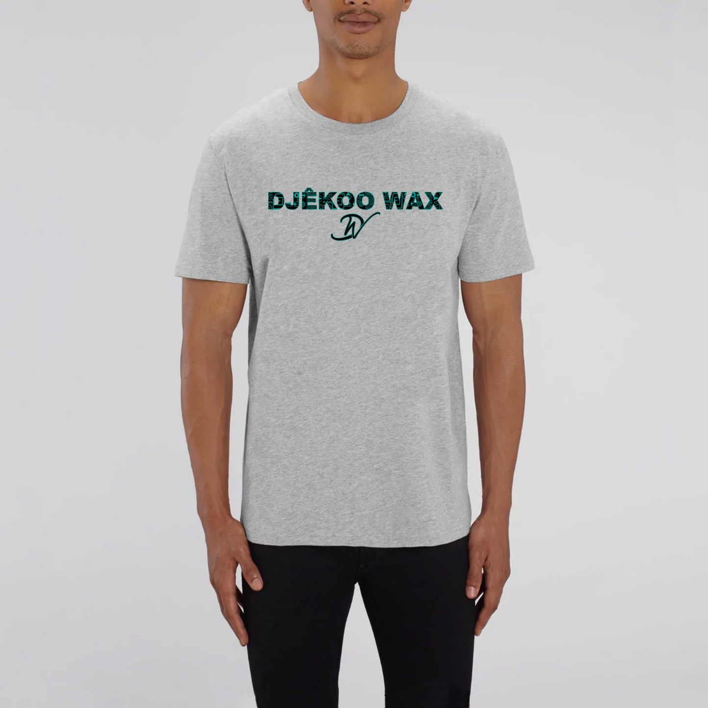 T-Shirt Gris 100% Coton Bio - coupe unisexe - Imprimé Djêkoo Wax noir et vert opale - motif wax Bogolan 