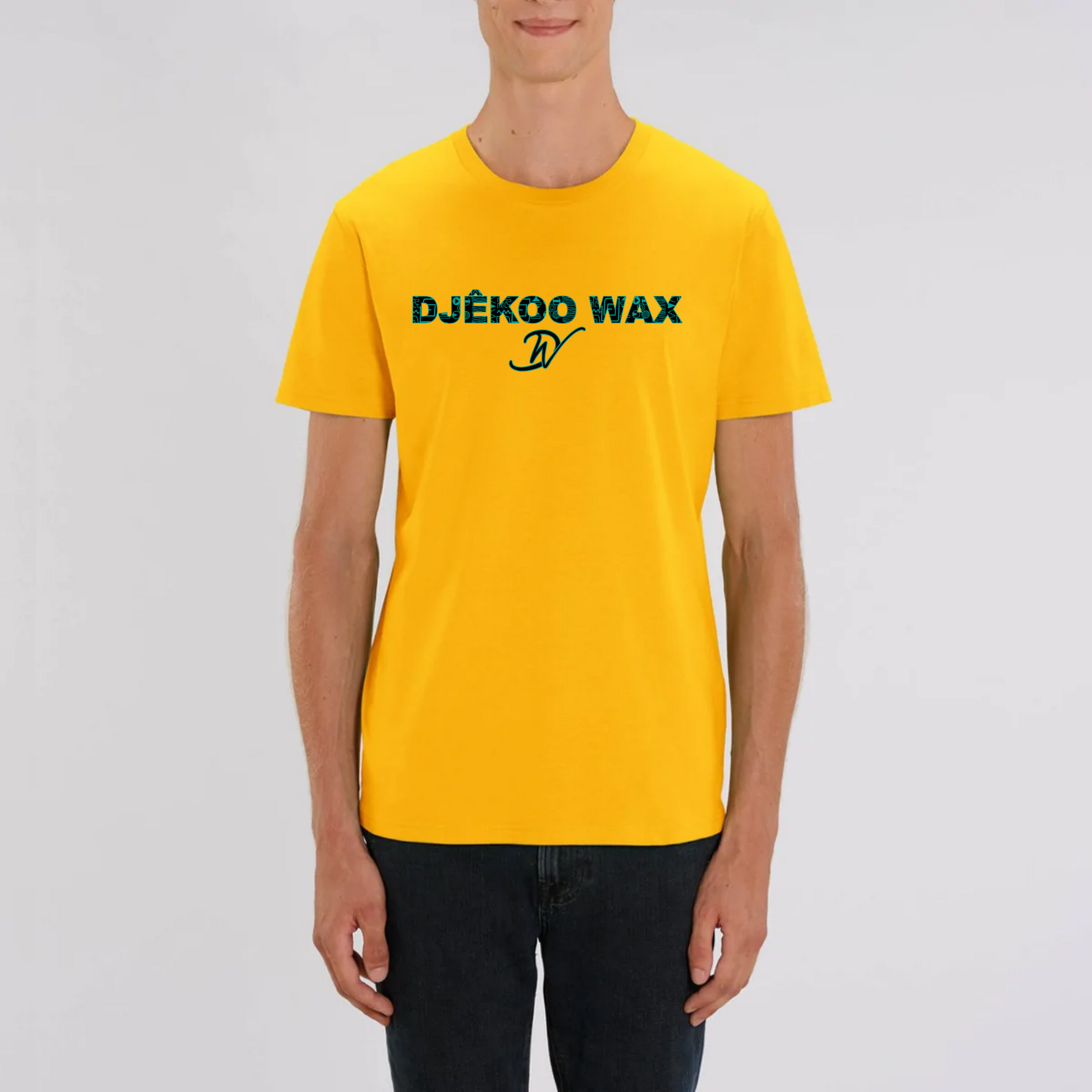 T-Shirt Jaune 100% Coton Bio - coupe unisexe - Imprimé Djêkoo Wax noir et vert opale - motif wax Bogolan