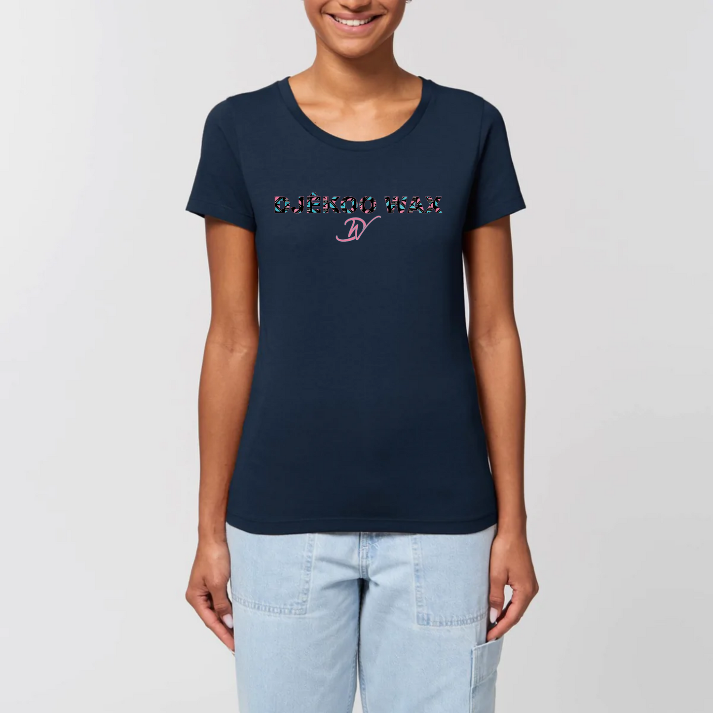 T-Shirt femme Bleu marine 100% coton bio - Imprimé Djêkoo Wax motif wax Bogolan bleu rose noir