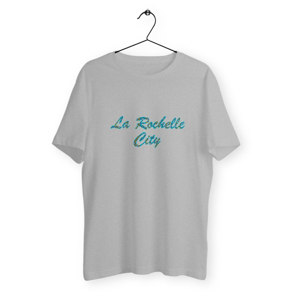 T-Shirt Gris bio unisexe - imprimé La Rochelle City motif wax bleu et jaune