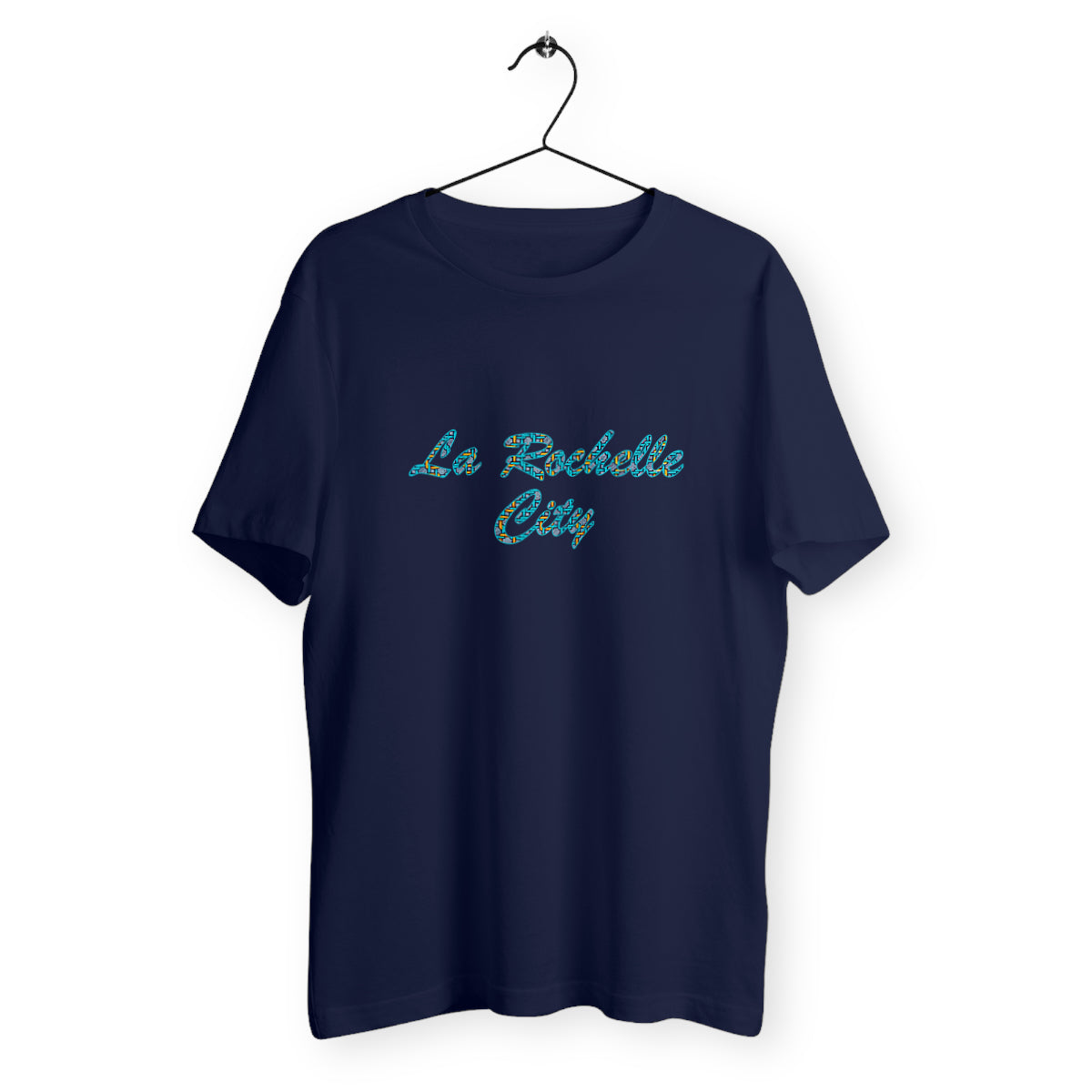 T-Shirt Bleu marine bio unisexe - imprimé La Rochelle City motif wax bleu et jaune