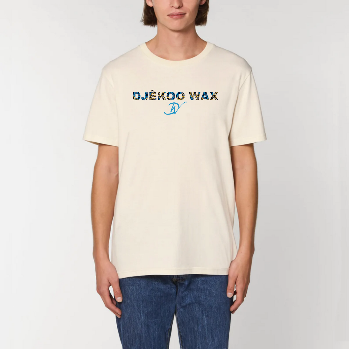 T-Shirt naturel - coupe mixte 100% coton bio - imprimé Djêkoo Wax bleu jaune et blanc - motif wax