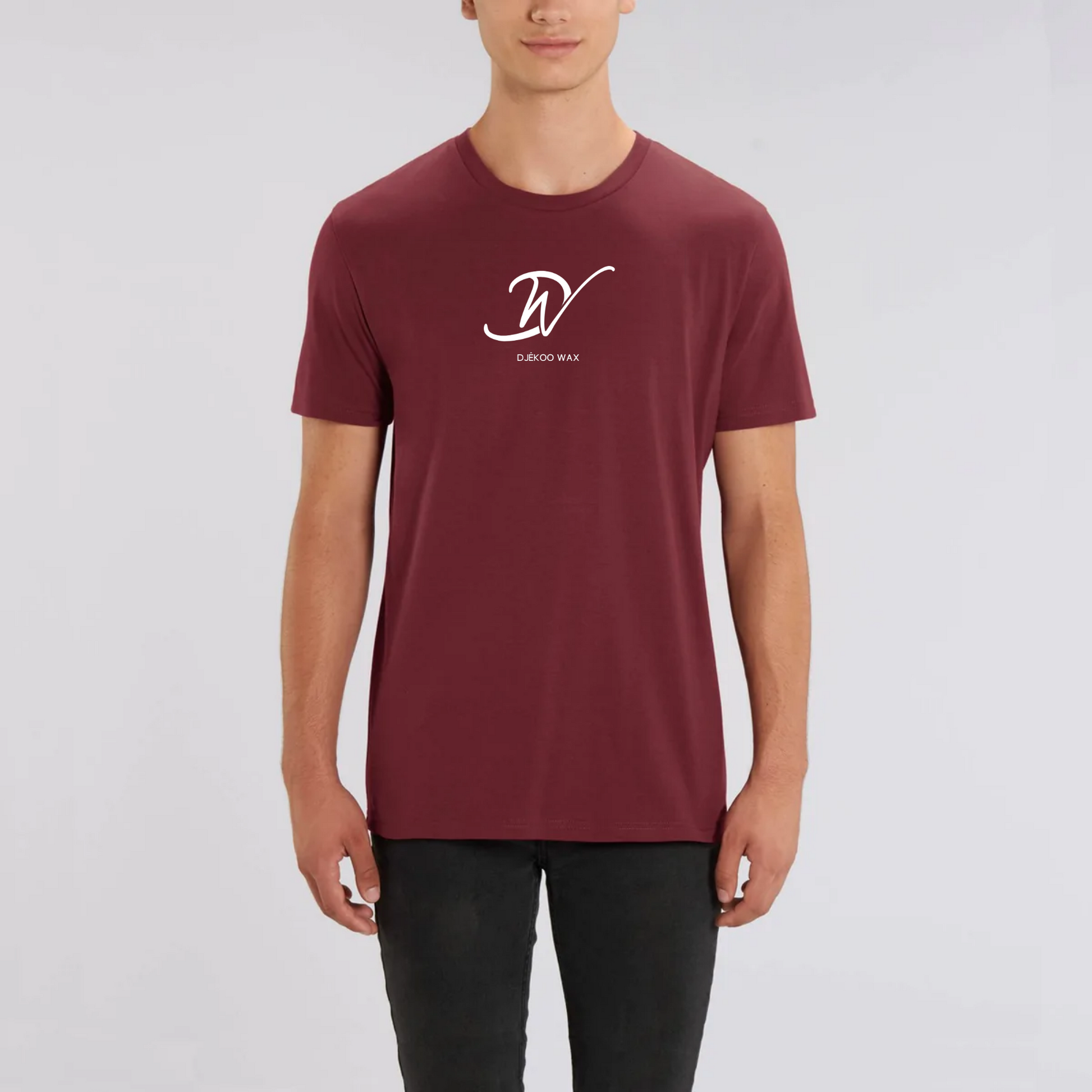 T-Shirt bordeaux unisexe 100% Coton Bio - imprimé blanc logo djêkoo wax