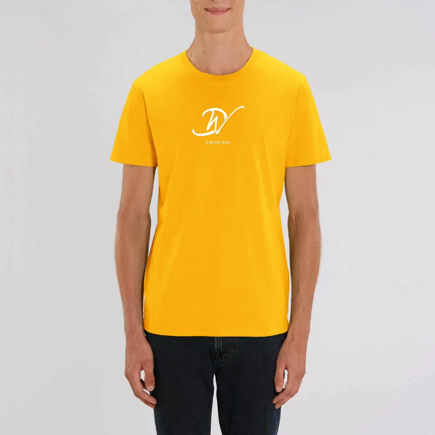 T-Shirt jaune unisexe 100% Coton Bio - imprimé blanc logo djêkoo wax