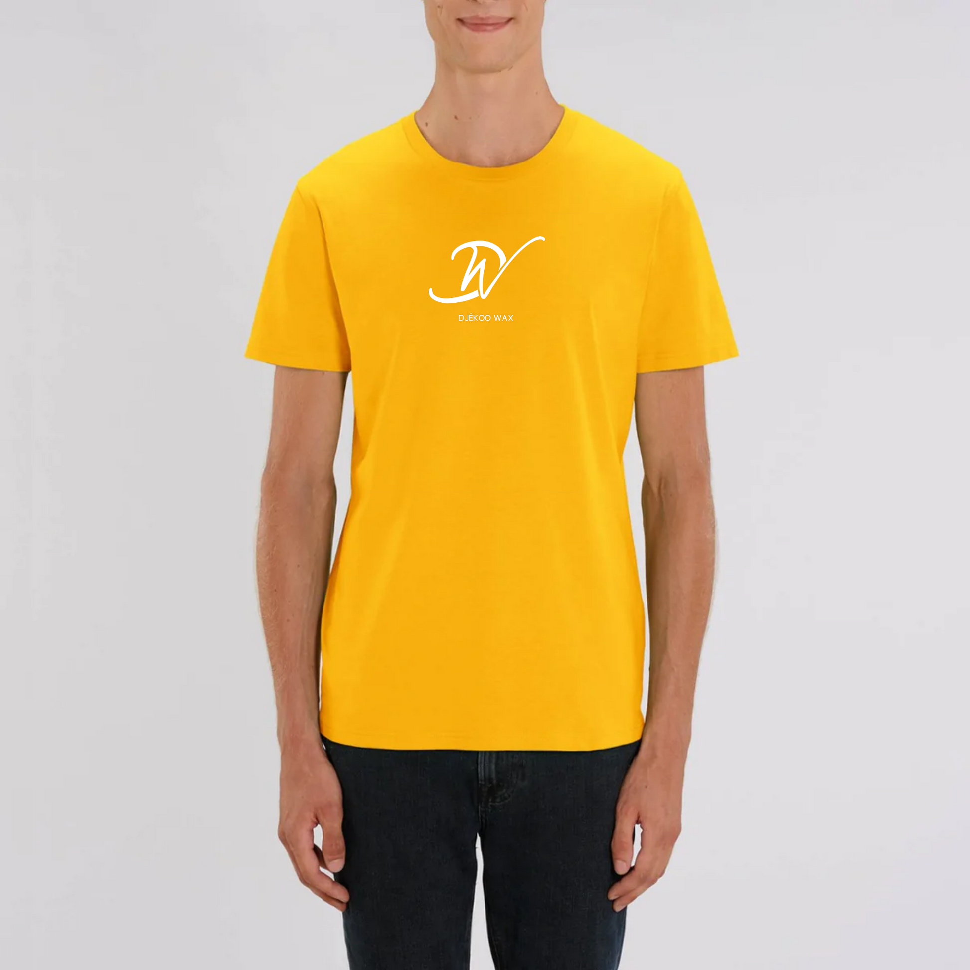 T-Shirt jaune unisexe 100% Coton Bio - imprimé blanc logo djêkoo wax