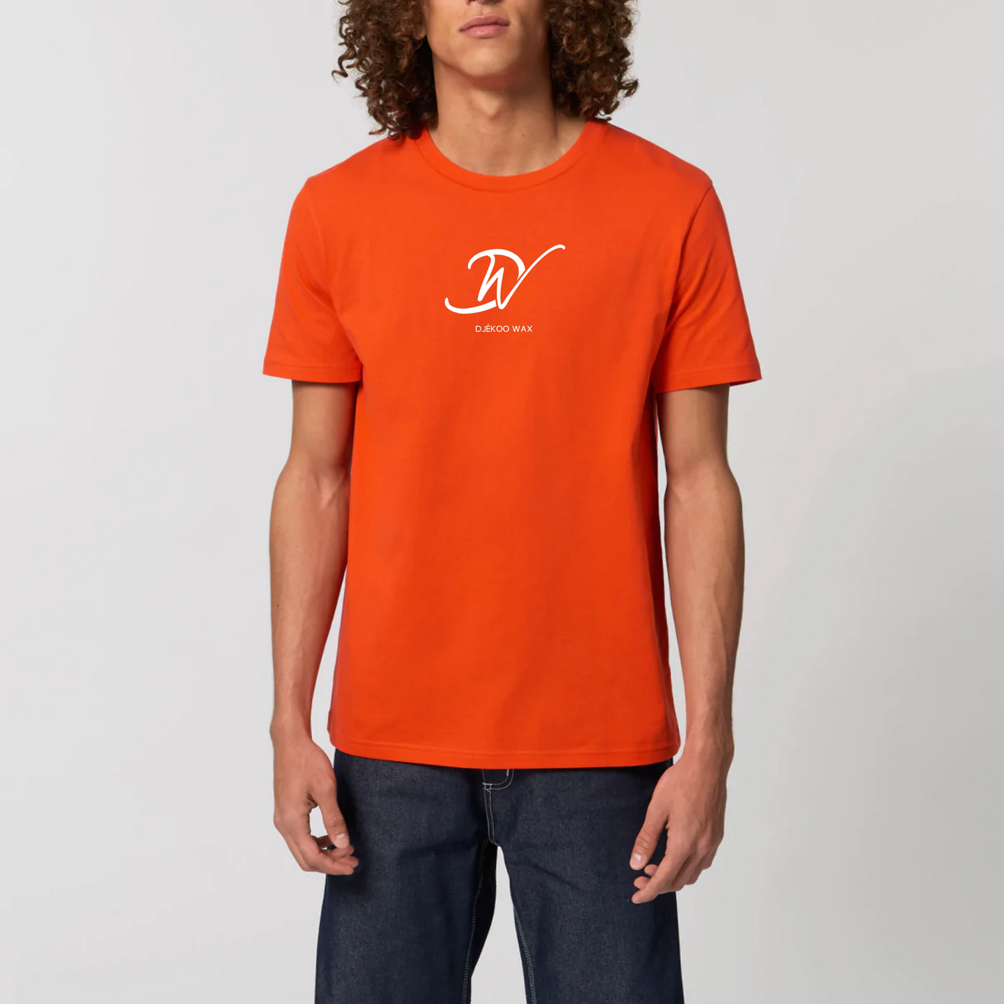 T-Shirt orange unisexe 100% Coton Bio - imprimé blanc logo djêkoo wax