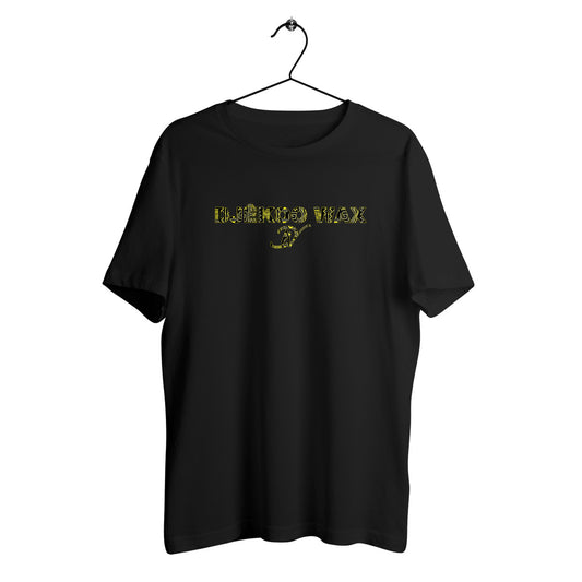 T-shirt unisexe noir sur cintre en coton biologique avec logo Djêkoo Wax imprimé tissu wax jaune et noir - Fashion africaine durable