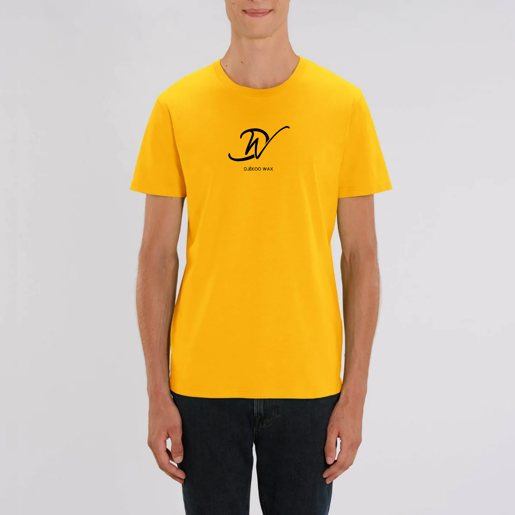 T-Shirt jaune unisexe 100% Coton Bio - imprimé noir logo djêkoo wax