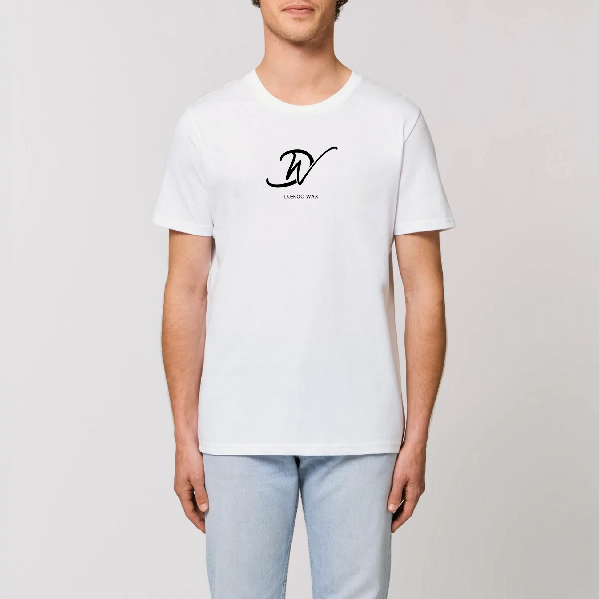 T-Shirt Blanc unisexe 100% Coton Bio - imprimé noir logo djêkoo wax 