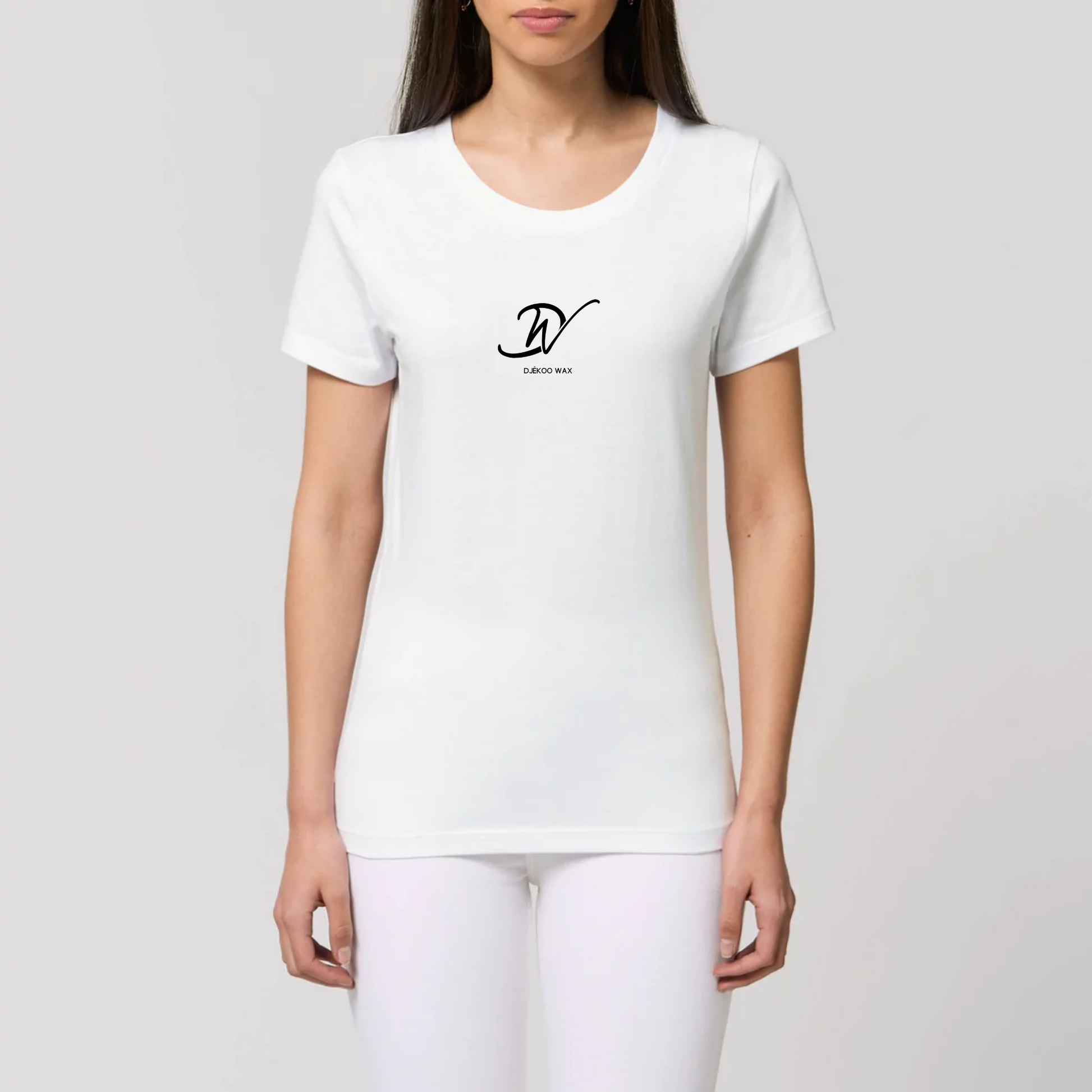 T-Shirt femme blanc 100% Coton Biologique - imprimé logo noir Djêkoo Wax