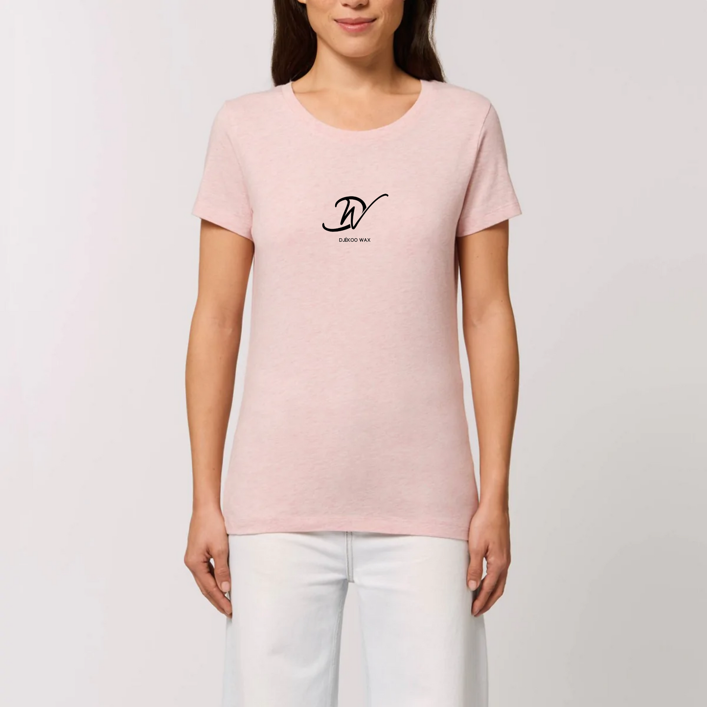 T-Shirt femme rose 100% Coton Biologique - imprimé logo noir Djêkoo Wax