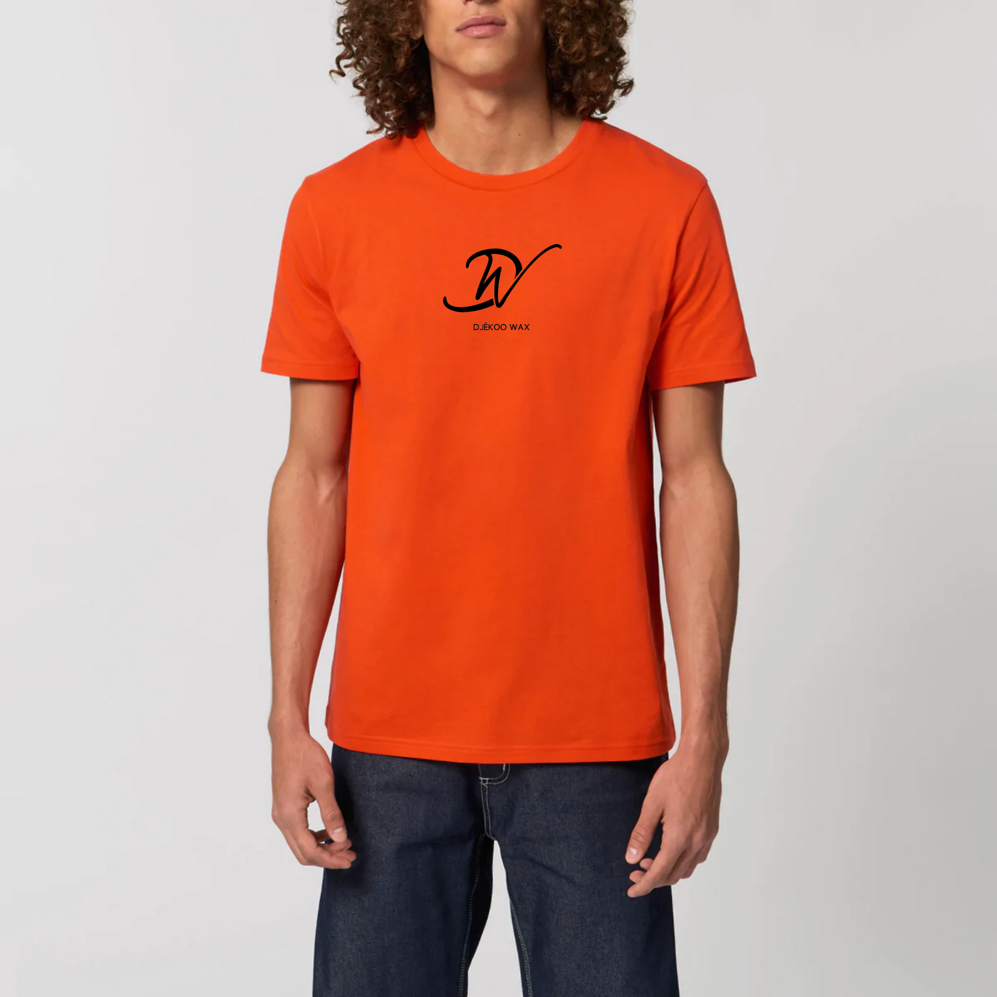 T-Shirt orange unisexe 100% Coton Bio - imprimé noir logo djêkoo wax