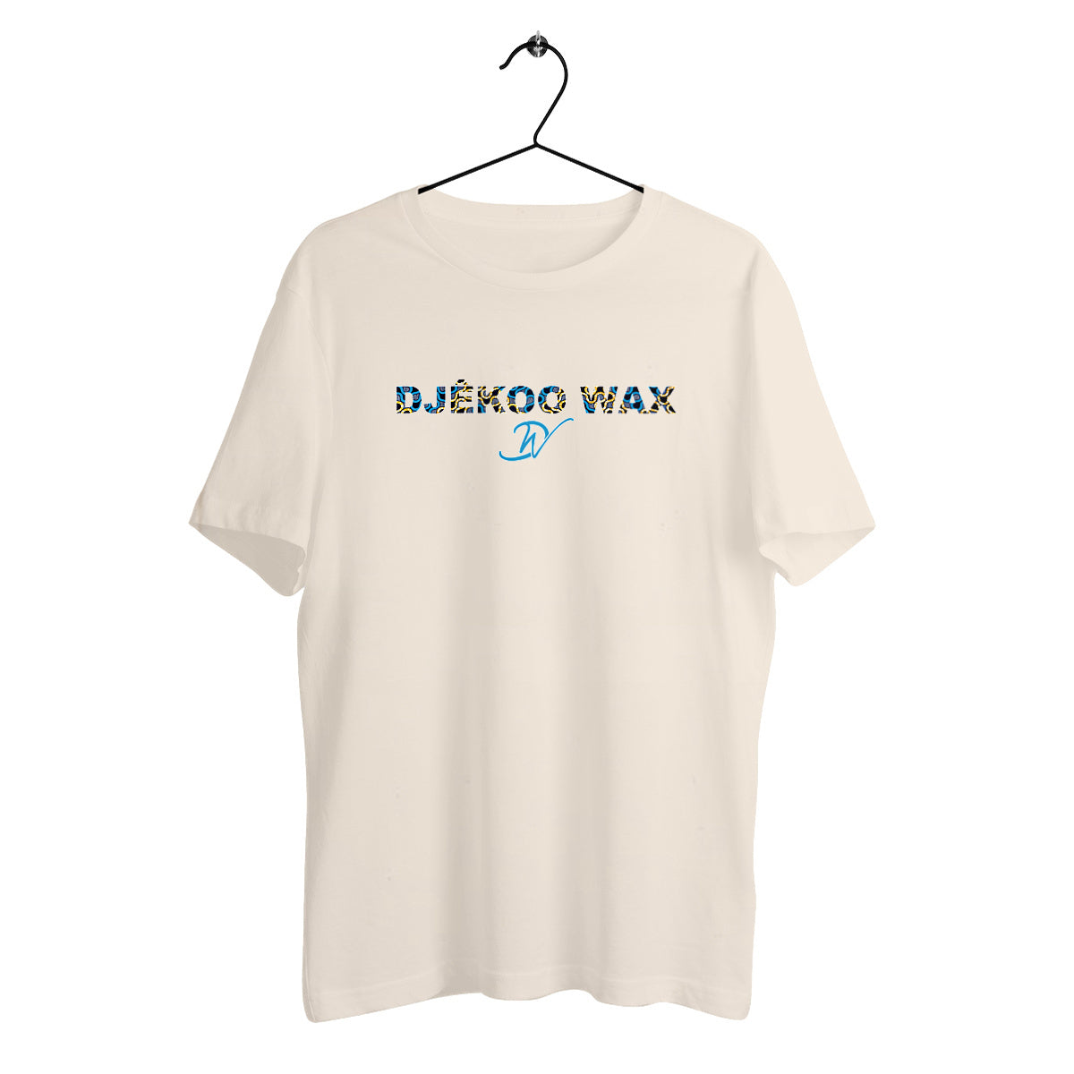 T-shirt Beige 100% coton biologique avec un motif wax bleu et jaune