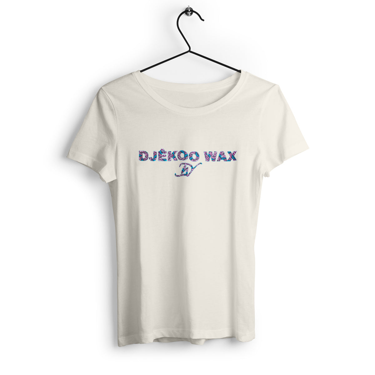 T-shirt Beige 100% coton biologique avec un motif wax "fleurs de mariage" rose et bleu