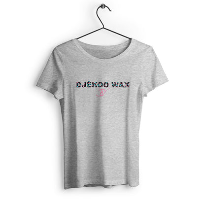 T-shirt gris 100% coton biologique avec un motif wax rose et bleu