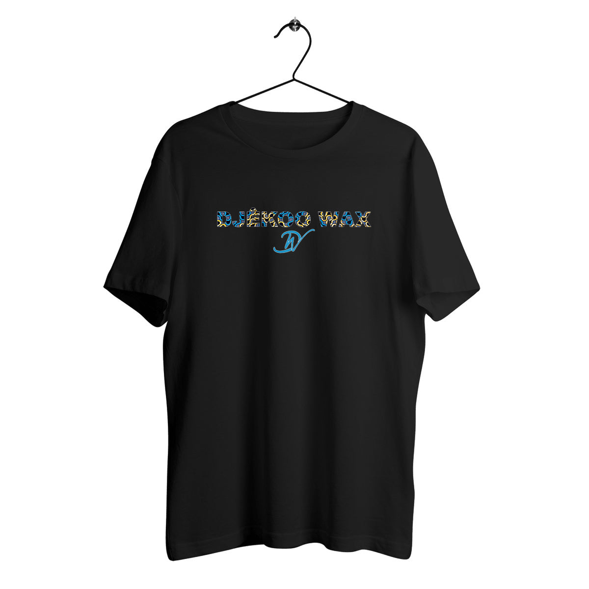 T-shirt Noir 100% coton biologique avec un motif wax bleu et jaune