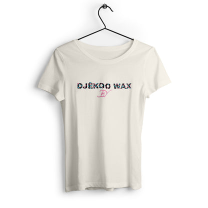 T-shirt beige 100% coton biologique avec un motif wax rose et bleu