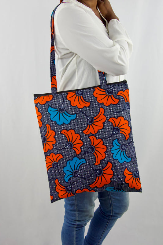 Sac - Tote Bag en tissu orange bleu blanc, motif fleurs de mariage - Doublure intérieure