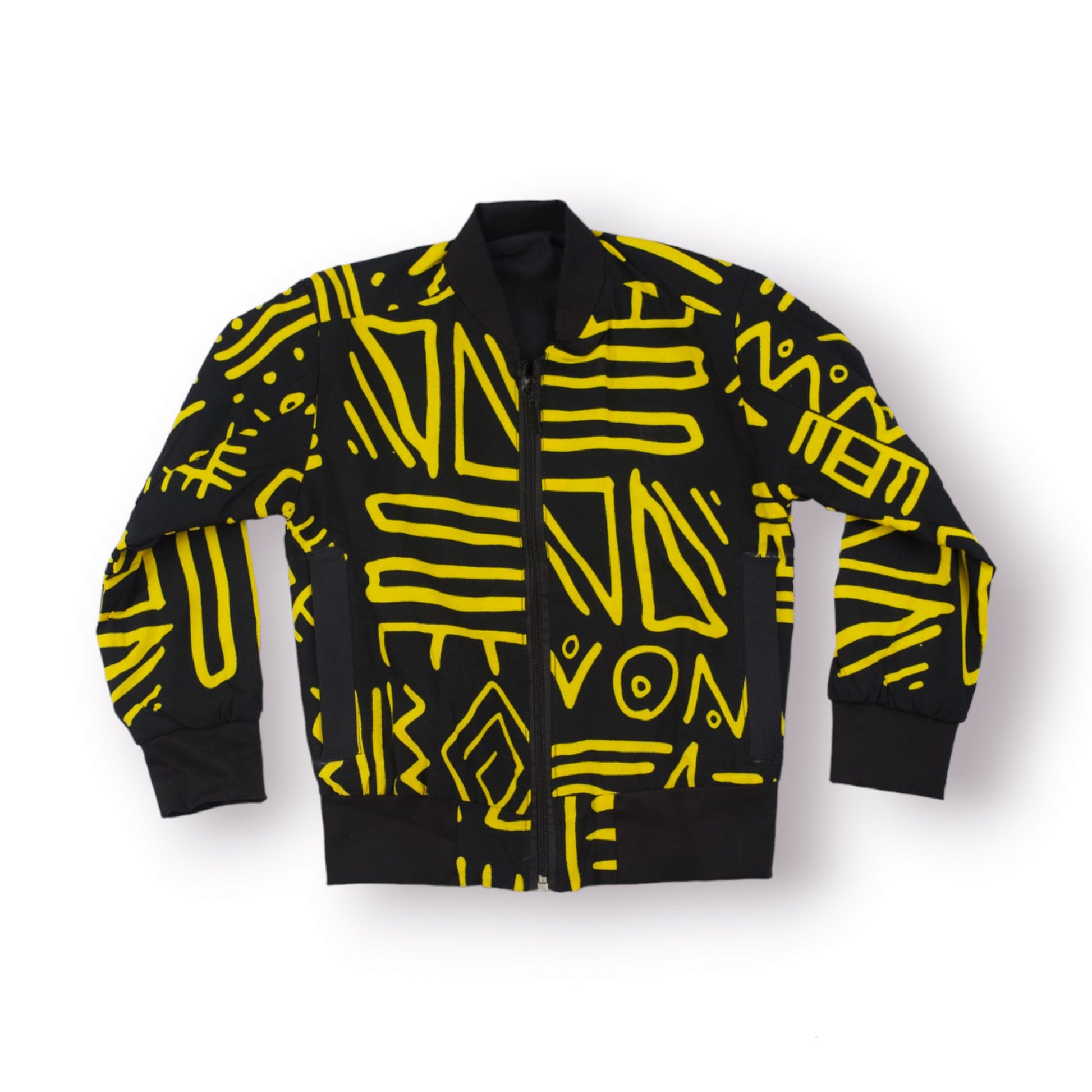 Veste Bombers enfant jaune et noir, fait main en coton tissu wax au motif africain bogolan