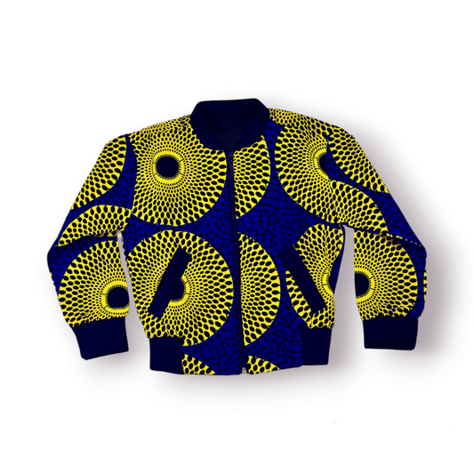 Veste Bombers pour enfants Bleu, jaune, fait main en coton tissu wax au motif Disques