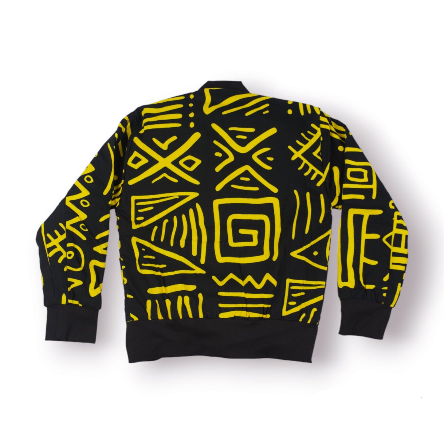 Veste Bombers enfant jaune et noir, fait main en coton tissu wax au motif africain bogolan