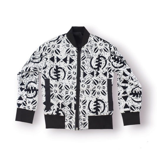 Veste Bombers enfant blanc et noir, fait main en coton tissu wax au motif africain bogolan