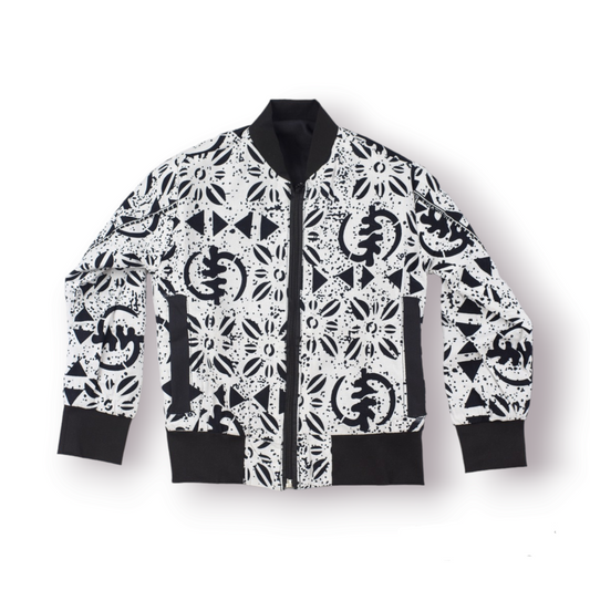 Veste Bombers enfant blanc et noir, fait main en coton tissu wax au motif africain bogolan