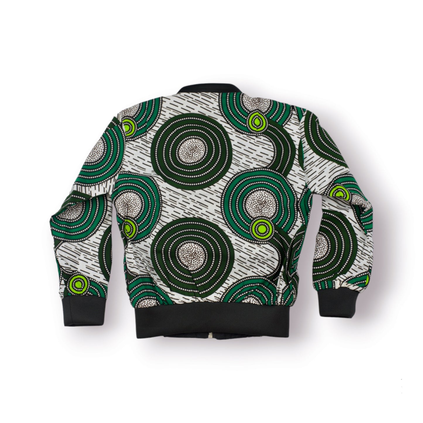 Veste Bombers pour enfants vert, blanc, noir ,fait main en coton tissu wax au motif cercle africain