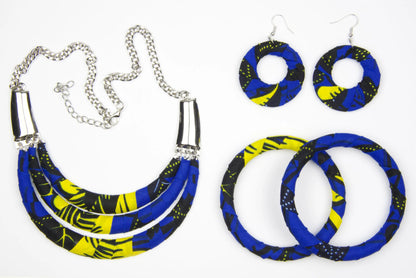 Parure bijoux wax princesse bleu noir jaune - collier ajustable bracelets boucles d'oreilles - tissu recyclé
