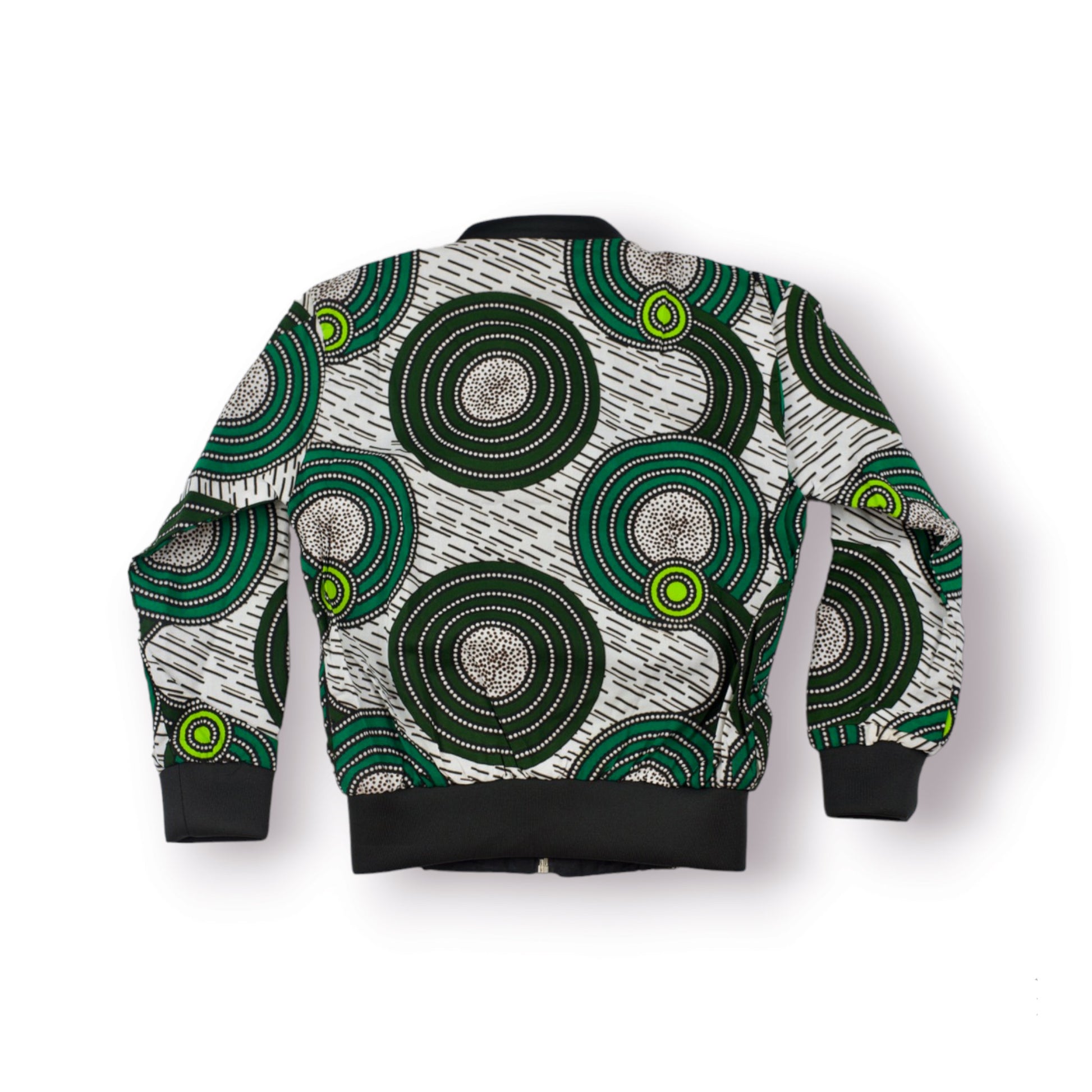 Vue dos bomber jacket enfant en tissu wax blanc cassé à grands motifs cercles concentriques vert forêt et vert anis avec points blancs, col et poignets côtelés noir anthracite - Vêtement enfant africain fait main Djêkoo Wax