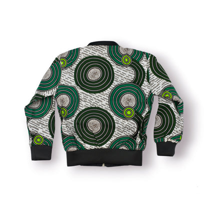 Vue dos bomber jacket enfant en tissu wax blanc cassé à grands motifs cercles concentriques vert forêt et vert anis avec points blancs, col et poignets côtelés noir anthracite - Vêtement enfant africain fait main Djêkoo Wax