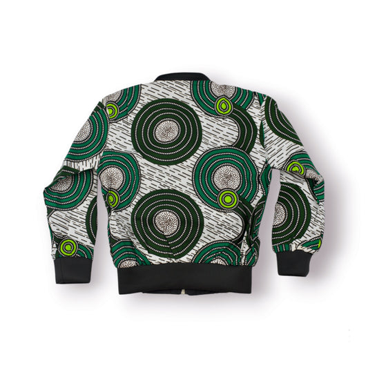 Vue dos bomber jacket enfant en tissu wax blanc cassé à grands motifs cercles concentriques vert forêt et vert anis avec points blancs, col et poignets côtelés noir anthracite - Vêtement enfant africain fait main Djêkoo Wax