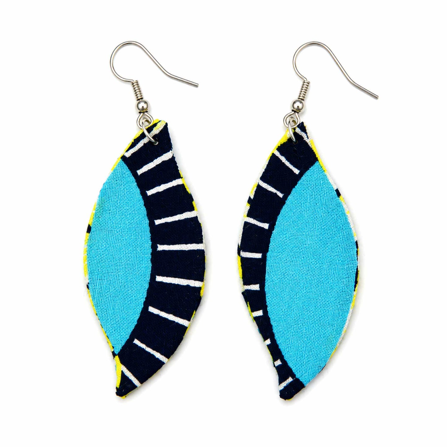Paire boucles wax navette bleu turquoise et marine motifs rayures blanches liseré jaune crochet argenté - Djêkoo Wax