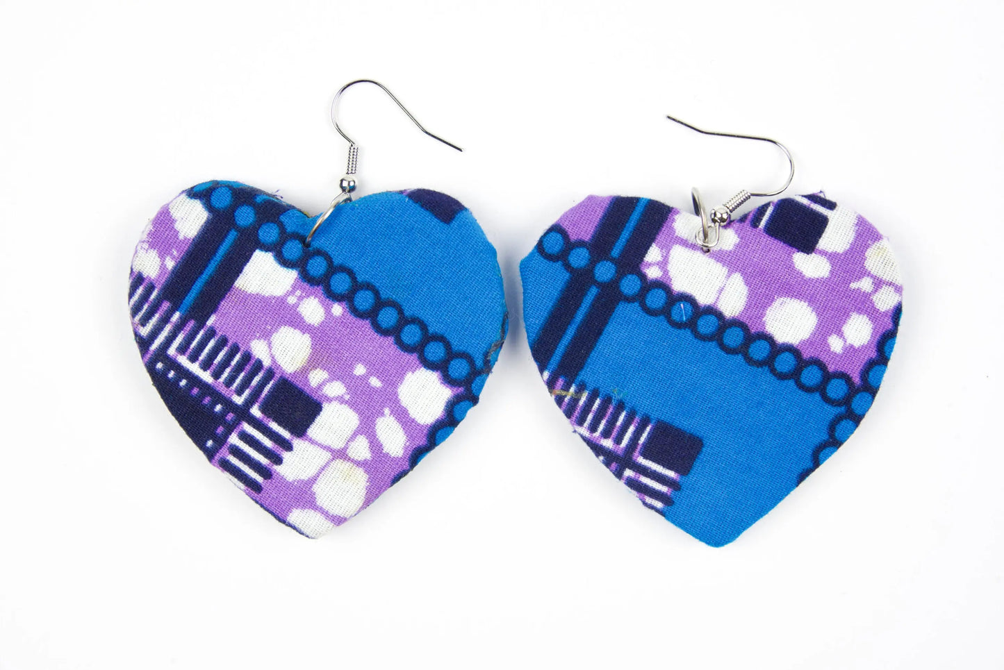 Boucles d'oreilles wax cœur bleu violet blanc - tissu recyclé artisanal - légères confortables