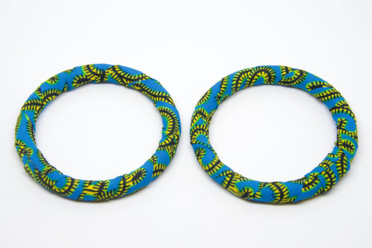 Bracelet wax artisanal bois bleu jaune noir - tissu recyclé - fait main 