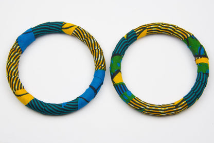 Bracelet wax artisanal bois vert bleu jaune - tissu recyclé - fait main 
