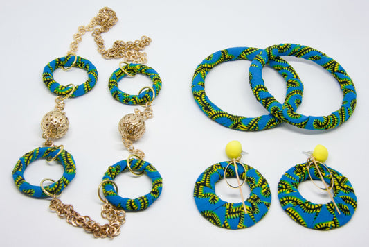 Parure bijoux wax sautoir bleu jaune noir - collier long bracelet boucles d'oreilles - tissu recyclé artisanal