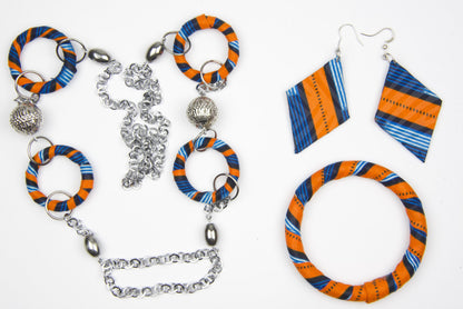 Parure bijoux wax sautoir orange bleu blanc - collier long bracelet boucles d'oreilles - tissu recyclé artisanal
