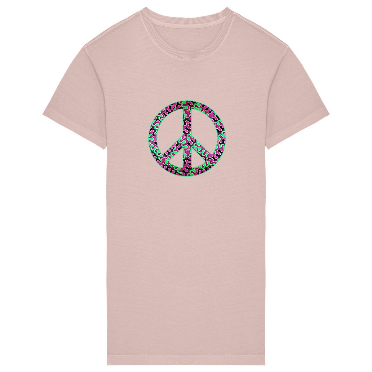 Robe t-shirt oversize rose pétale à plat en coton bio avec symbole Peace & Love rempli de motifs wax rose fuchsia et vert menthe - Vêtement éco-responsable

