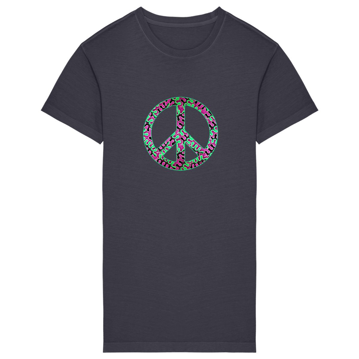 Robe T-shirt femme gris anthracite en coton bio avec motif wax Peace & Love
