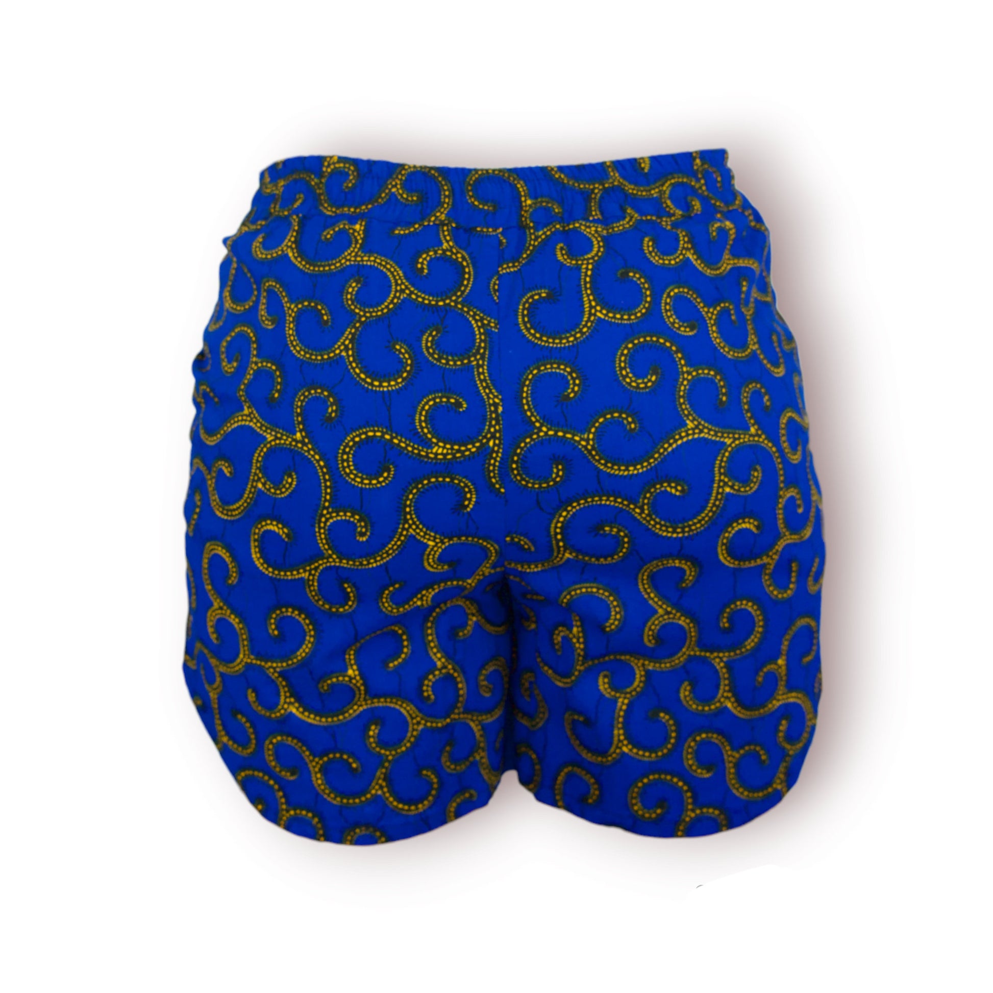 Vue dos short femme en tissu wax bleu royal à motifs arabesques jaune doré pointillés avec ceinture élastique - Djêkoo Wax