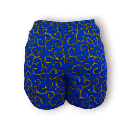 Vue dos short femme en tissu wax bleu royal à motifs arabesques jaune doré pointillés avec ceinture élastique - Djêkoo Wax
