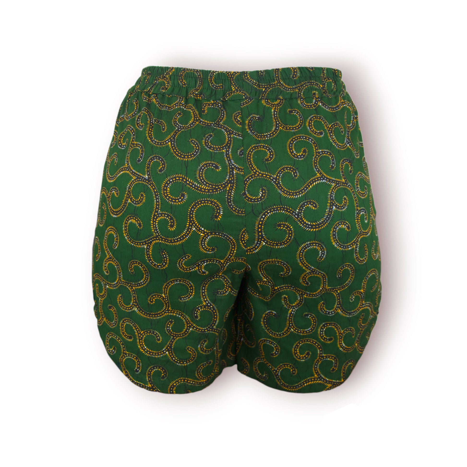 Vue dos short femme en tissu wax vert forêt à motifs spirales jaune et noir pointillés avec ceinture élastique - Djêkoo Wax

