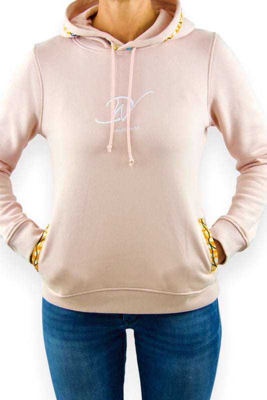Sweat à capuche bio femme rose en wax véritable avec broderie blanche Djêkoo Wax – vue de face