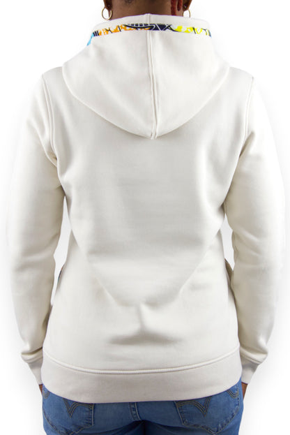 Vue de dos du sweat à capuche bio femme blanc cassé en wax véritable - Djêkoo Wax