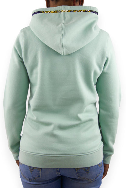 Sweat à capuche bio femme vert sauge en wax véritable vue de dos - Djêkoo Wax