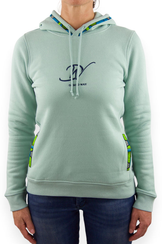 Sweat à capuche bio femme vert sauge en wax véritable vue avant - Djêkoo Wax