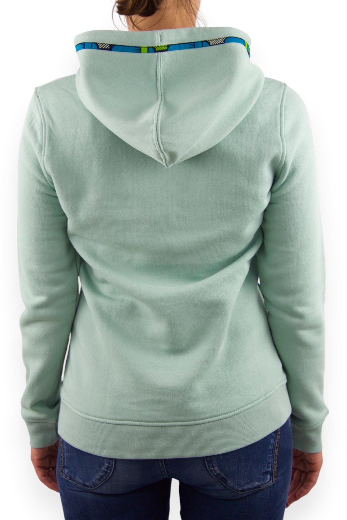 Sweat à capuche bio femme vert sauge en wax véritable vue dos - Djêkoo Wax