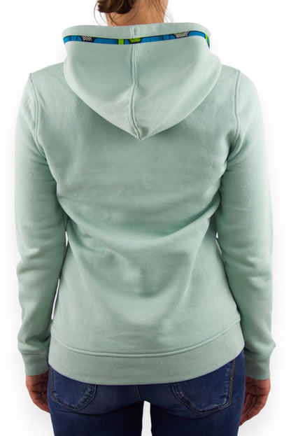 Sweat à capuche bio femme vert sauge en wax véritable vue dos - Djêkoo Wax
